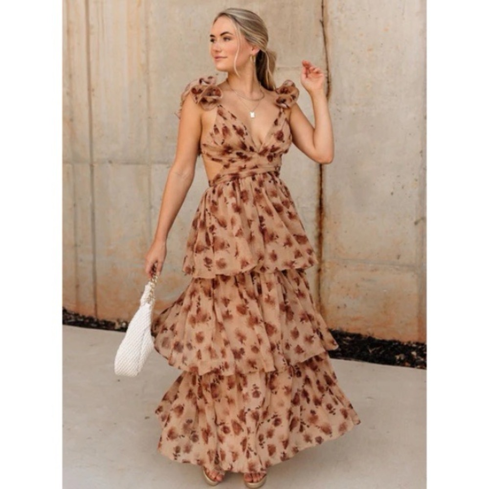 Molly Green Seraphina Brown Floral Ruffle Maxi Dress - LARGE